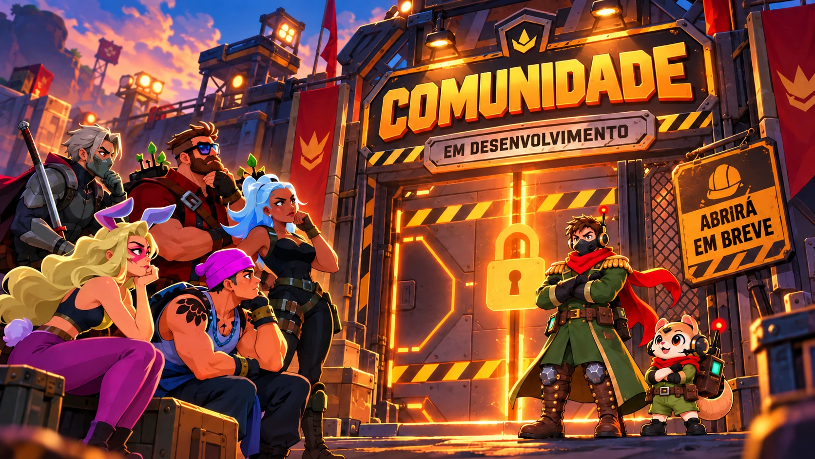 Os heróis de Bullet Echo aguardam diante dos portões iluminados da Comunidade, ainda em desenvolvimento.